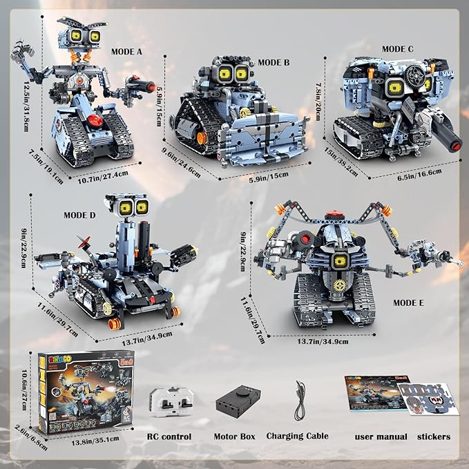 Changeable LED Eyes Robot Building Set- 5 in 1 Remote &amp App-Controlled Robotic Building Block RC Elephant/Bulldozer/Tank/Tracked Model Kit Toys Gift for Kids Boys Girls Teens Age 12+ Years Old