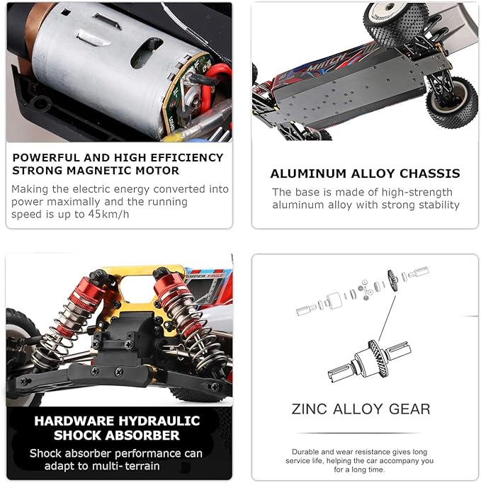 GoolRC WLtoys 104001 RC Car 1:10 Scale 2.4GHz RC Drift Cars 4WD 45km/h High Speed Racing Car All Terrain Off-Road Buggy with Aluminum Alloy Chassis Zinc Alloy Gear and 3 Batteries