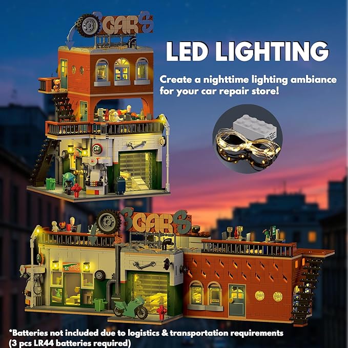 2 in 1 Automotive Car Repair Shop Building Block Toy Set City House Model Kit with LED Light Bricks for Adults and Childrens Gift (1637 pcs)