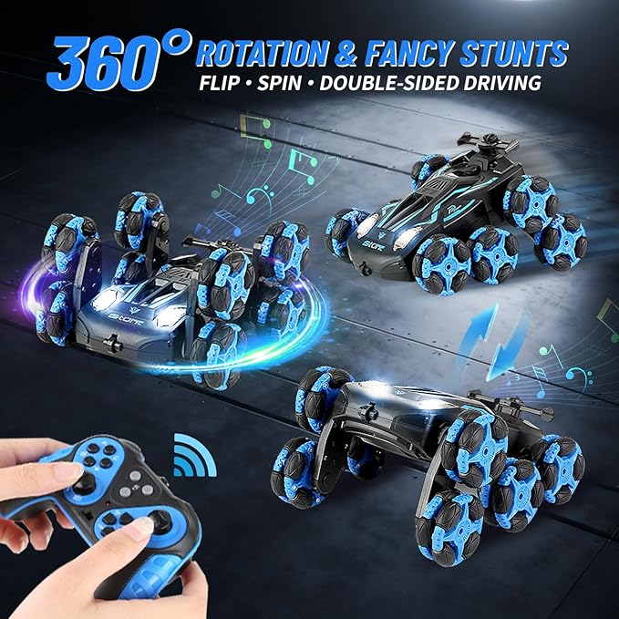 8WD Remote Control Stunt Car with Music Light Mist Spray RC Drift Car Toys for Kids 6+ 2.4GHz Remote Double Sided Driving 360° Spins Off-Road Stunt Vehicle Birthday Gifts for Boys Girls