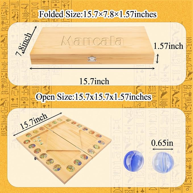 4 Players Mancala Board Game Solid Wood Folding Mancala Board with Multi-Color Glass Stones Mancala Family Travel Strategy Games Set with Game Instruction