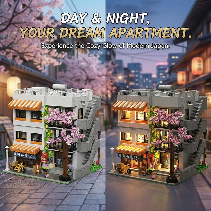 Japanese Apartment Building Street View Building Blocks Set - 3-Story Japan Cherry Blossom Architecture House with 5 Figures &amp LED Lights Christmas Bithday Gift for Aduls（3910PCS）