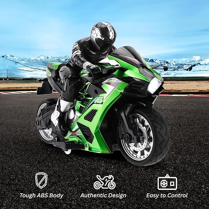 Liberty Imports 2.4G RC Remote Control Stunt Motorcycle with Riding Figure 1:10 Scale High Speed Cross Country 360 Degree Rotation Drift Shockproof Racing Motorbike (Green)