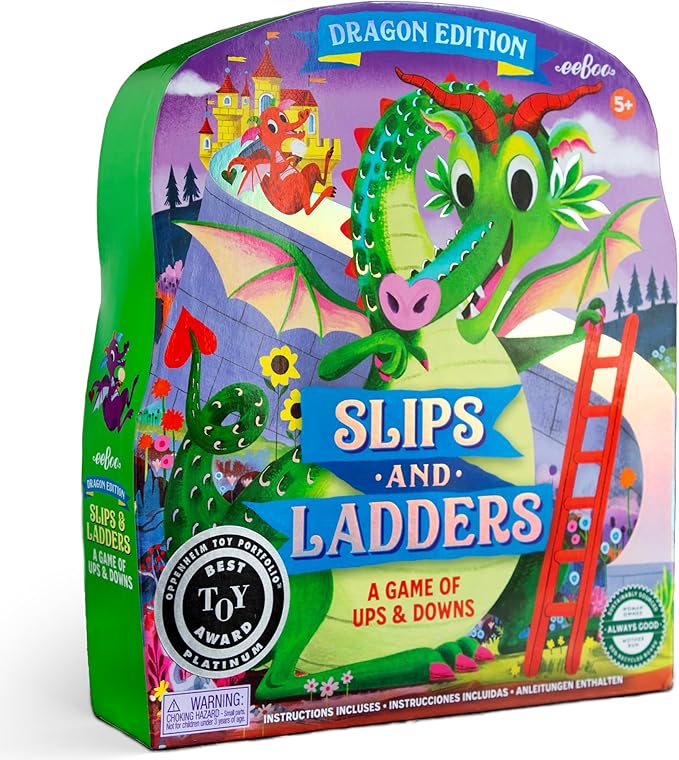 eeBoo: Slips &amp Ladders - Dragon Edition – A Classic Board Game of Ups &amp Downs Whimsical Fantasy Theme Holographic Foil Accents Kids 5+ 2-4 Players
