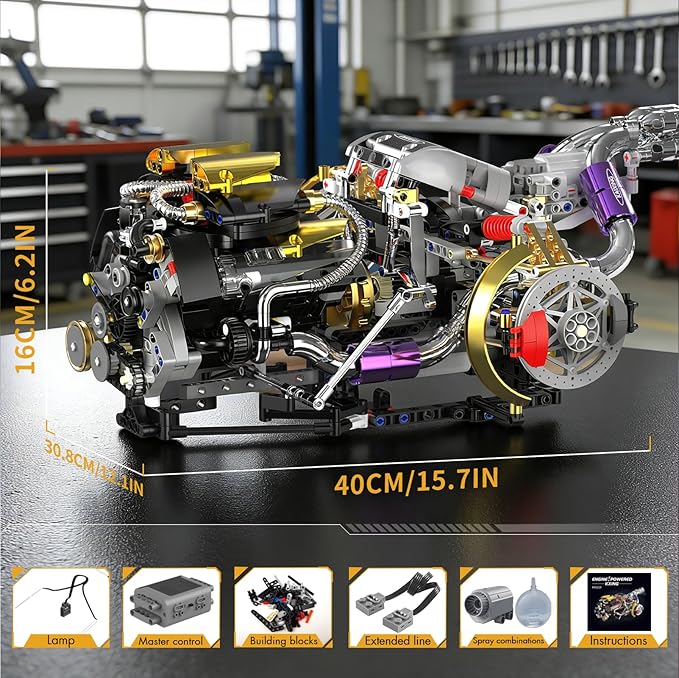 V8 Engine Model Kit that Works 1394 PCS Advanced Collectible Engine Building Block Sets with Lights &amp Spray Exhibited Gift to Adults/Boys 8-14/Home Office Decor