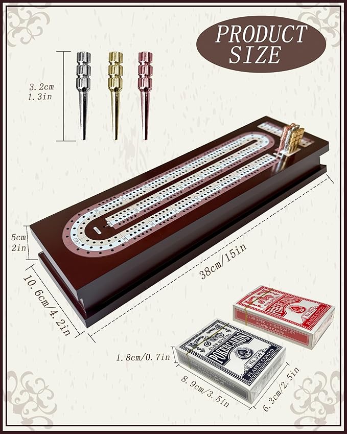 Wooden Cribbage Board Game Set with Cards &amp Metal Pegs – Foldable 3 Track Cribbage Board with Magnetic Lock Large Storage Area – Travel Portable Cribbage Game for Adults &amp Family