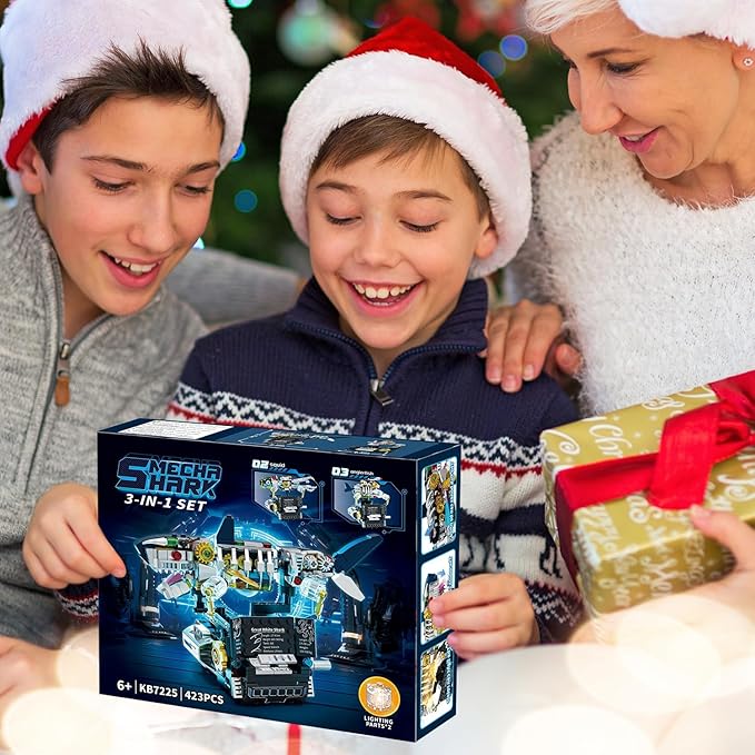 Mechanical Shark 3 in 1 Building Set 423pcs Compatible with Lego Shark Lantern Fish Octopus Models Deep Sea Ocean Kit Interactive Moving Base with Handle Control STEM Educational Toy for Kids 6+