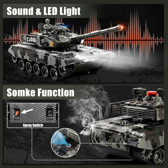 1/24 RC Tank 2.4Ghz Chinese 99 Remote Control Tank &amp 330°Turret Rotation. 2 × Rechargeable Batteries Infrared Battle Toy with Smoke LED Lights and Sound Effect Gift for Boys