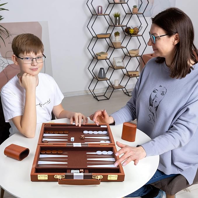 Backgammon Set 2 Players Classic Backgammon Sets for Adults Board Game with PU Leather Case Portable and Travel Backgammon Set (Brown 11inch)