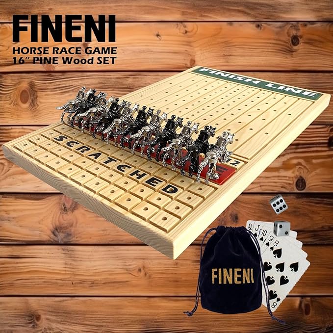 Horse Racing Game for Adults Luxurious Metal Horses (Silver Black) on 16' Pine Wood Board Dice &amp Card Included