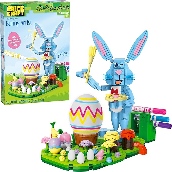 Brickcraft Bricktanicals Bunny Artist Building Brick Set - 310 Piece Easter Rabbit Kit with 4 Color Markers Egg Decorating Spring Decor Display Kids Arts Crafts Activity Ages 8+ Gift for Boys Girls