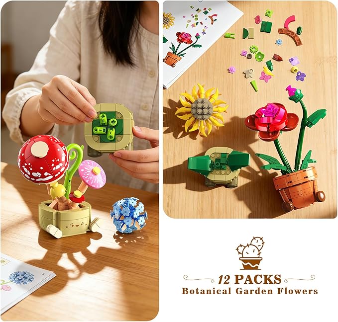 12 Pack Flowers Plants Mini Building Set - 1697PCS Flower Botanical Collection 3.6MM Succulent Building Toy for Home Office Decor Easter Birthday Party Favors Gift for Adults Girls Boys 12+