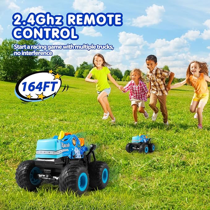DYODYORC Remote Control Car 2.4Ghz All Terrain Monster Truck RC Truck with Music 3 Lighting Effects 360 Stunt Capable 2 Batteries Ready to Run Toy Gifts for Boys and Girls (Blue)
