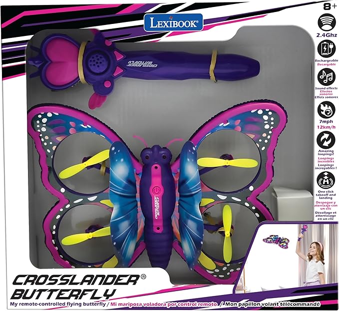 LEXiBOOK Crosslander Butterfly My Remote Control Flying Butterfly Multidirectional Flight up to 12km/h (7 mph) Loopings Remote Control with 2 Control Modes Sound and Light Effects Pink RCBUT