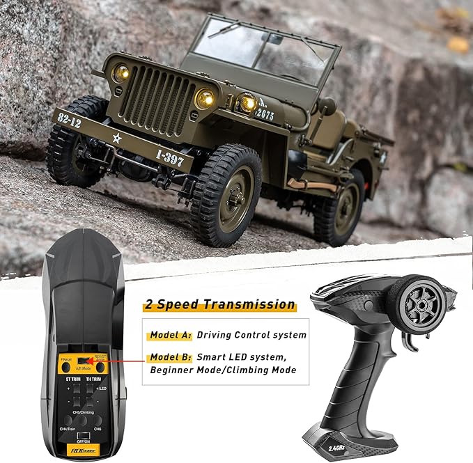 FCXㅤ RocHobby 1/12 1941 MB Scaler RC Jeep 4x4 Hobby Grade RTR RC Car Mini RC Rock Crawler Military RC Truck with 180 Brushed Motor LED Lights for Adults