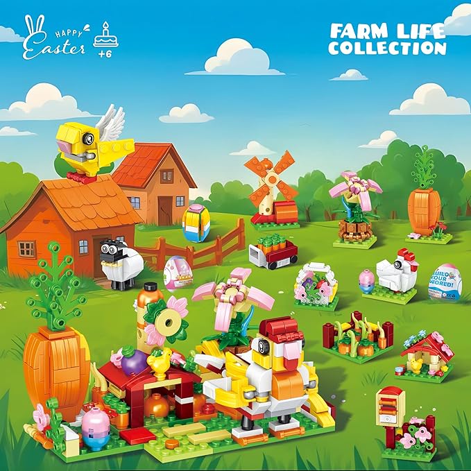 2026 New Easter Gifts Building Set for Kids -12-in-1 Happy Farm Village Building Toy with Prefilled Eggs Easter Basket Stuffer &amp Decorations for Boys &amp Girls 6+ with Farm Animals Hen &amp