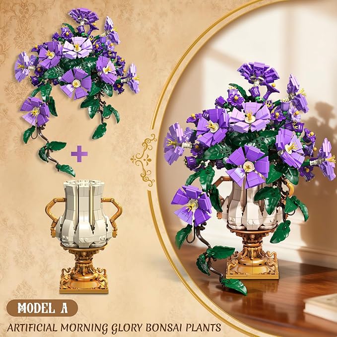 Flowers Botanicals Building Set with Vase - 2 in 1 Morning Glory Bonsai Building Blocks Plants Arrangement Vintage Wall Flower Pots Home Decor Gift for Easter Day Adults 12+ (1136PCS)