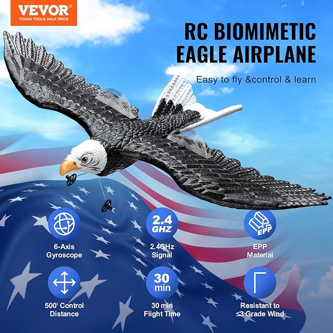 VEVOR RC Plane 2.4GHZ 2 Channel RC Airplane with 6-Axis Gyro Stabilizer&amp2 Batteries Ready to Fly Eagle Aircraft Plane Toy RC Glider for Adults Beginners Kids Birthday/Xmas Gift
