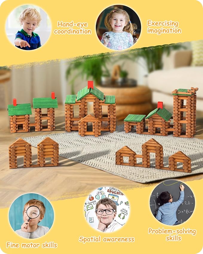 SainSmart Jr. 665 PCS Wooden Log Cabin Set Building House Toy for Toddlers Classical STEM Construction Kit Compatible with Lincoln Logs for 3+ Kids