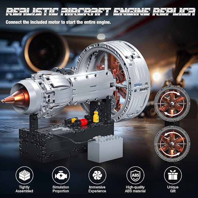 Motorized Turbofan Engine Building Blocks Realistic Aircraft Engine Building Set Jet Engine Replica with Motor Simulating Real Operation STEM Educational Toy &amp Aviation Gift 808Pcs