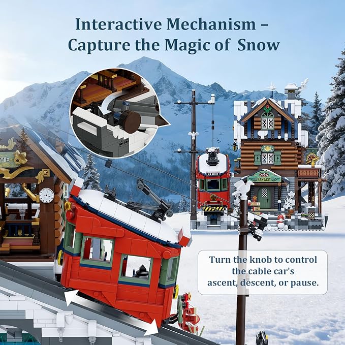 PANTASY Winter Summit Ski Lodge Building Set3-Story Mountain Cabin with Vintage Tram&ampSnowy LandscapeModular Brick Architecture Model with Opening WallIce Cave&ampMinifigures Holiday Display fo