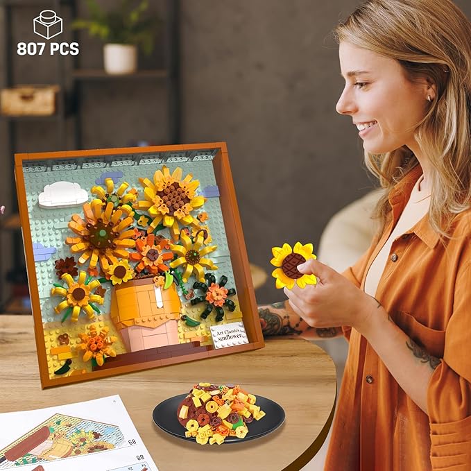HOGOKIDS Flowers Sunflower Building Set with Lights - 807PCS Painting Frame Artwork Botanical Collection Mini Building Blocks for Home Dcor Wall Art Architecture Set Easter Gift for Adults Teens