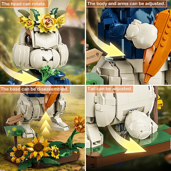 Easter Bunny Building Set with Carrot &amp Sunflower Base 1258 PCS Bricks Blocks Rabbit Model Compatible with Lego Easter Creative Easter Gift for Kids and Adults