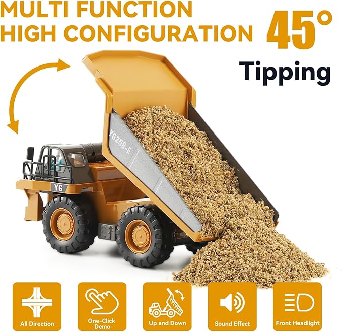 Remote Control Dump Truck RC Construction Vehicle for Kids with 9 Channel Metal Bed Light Sound &amp Rechargeable Battery Electric Transport Garbage Truck Toy for Toddlers Boys Girls Age 6+
