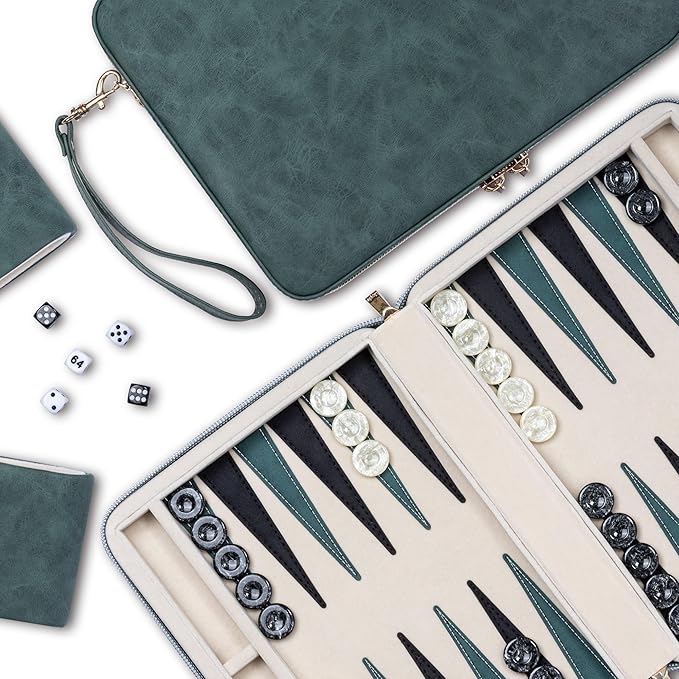 Backgammon Sets for Adults Classic Board Game with Folding Faux Leather Backgammon Case Portable Travel Backgammon Game Set (Green)