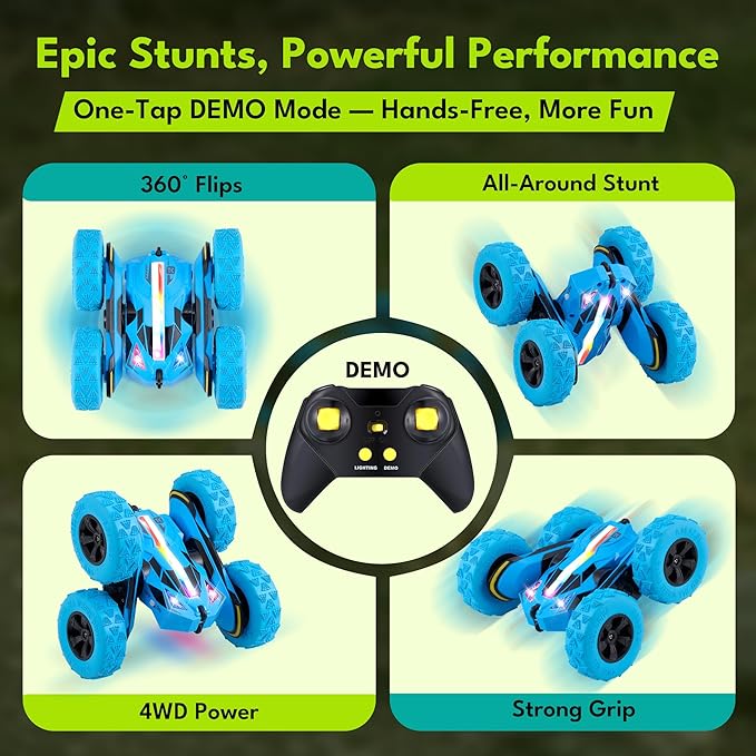 Threeking New Remote Control Car RC Flip Stunt Double Sided Driving Cars Toys for Boys Girls Ages 6-12 USB-C Modular Batteries 4WD 360° Flips with Breathing Soft Lights Presents Gifts Blue