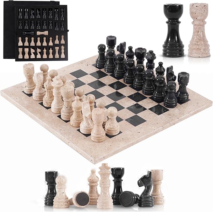 Marble Chess Set for Adults 12 Inch Handmade Travertine and Black Board Game with Storage Box Travel Chess Set for Tabletop with Pieces &amp 2 Extra Queens Gifts &amp Home Décor