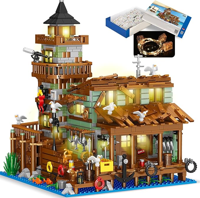 1881PCS Fishing Village Wood Cabin mini Building Blocks Toys with Led LightingCreative Ideals Fishing House Building Sets Best Choice for 6+ Boys Girls or Adults(Not Compatible with Lego)