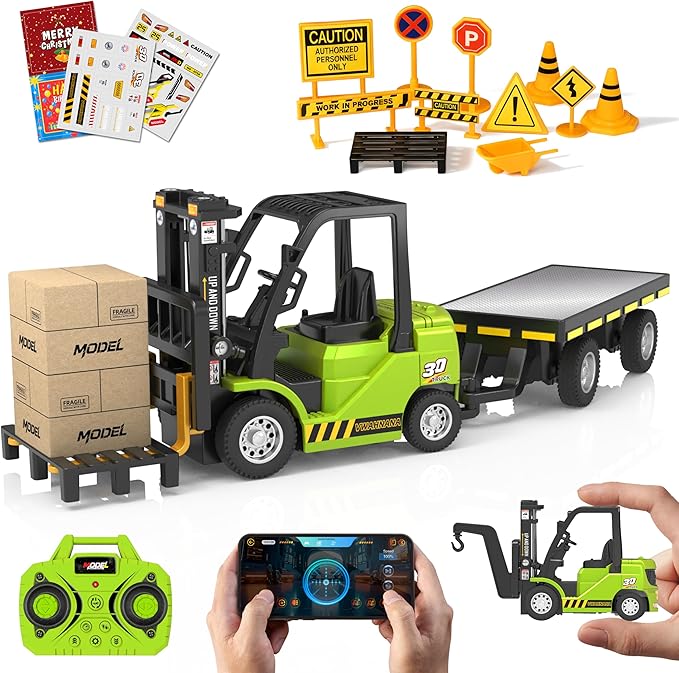 Mini RC Forklift Toy 3 in 1 Remote Control Forklift Trailer 10 Channel Mini Forklift Remote Control with Liftable Fork &amp Hook 1/64 Desktop RC Construction Vehicles for Adults Kids Boy Gift
