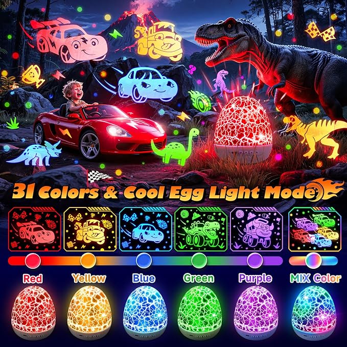 Toy Cars Projector Egg Shaped | 6HD Films+15 Sounds+31 Colors+Remote Control+360°Rotating | Egg Light for Nursery Toy Cars for Toddlers 1-3 Toys for Boys age 4-7 Toddler Boy Birthday Gifts 1-8 Years