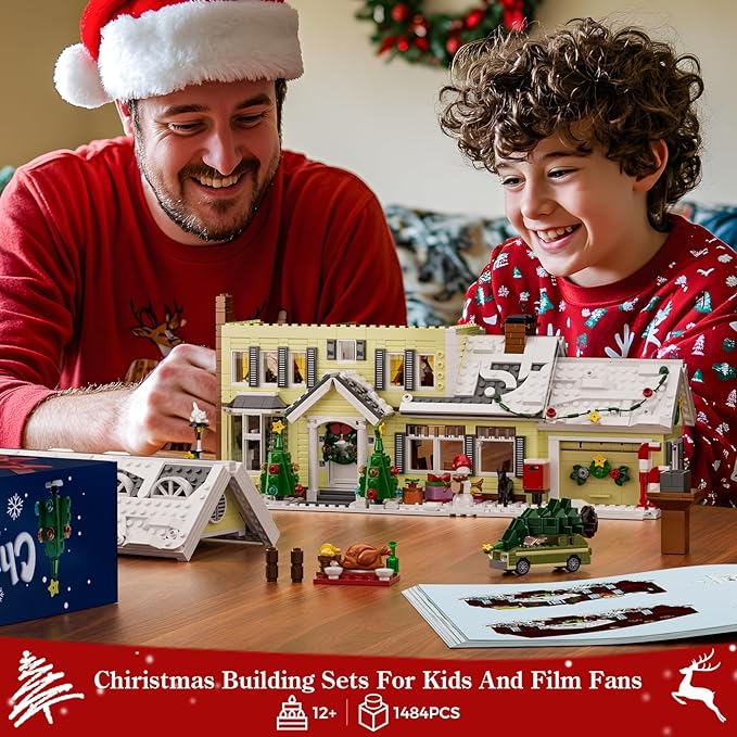 Christmas Holiday House Building Set DIY Christmas Holiday Snow Village with Clark's Car Christmas House Compatible with Lego Gifts for Boys Girls Family and Friends (1484pcs)
