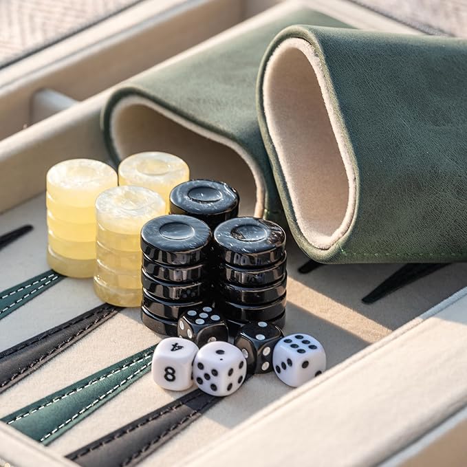 Backgammon Sets for Adults Classic Board Game with Folding Faux Leather Backgammon Case Portable Travel Backgammon Game Set (Green)