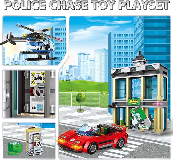 City Police Bank Building Sets Compatible with Lego Police Bank Includes Car Bank Helicopter Police Chase Building Blocks Toy Set Gift for Kids 6 Plus Years Old（655 PCS）