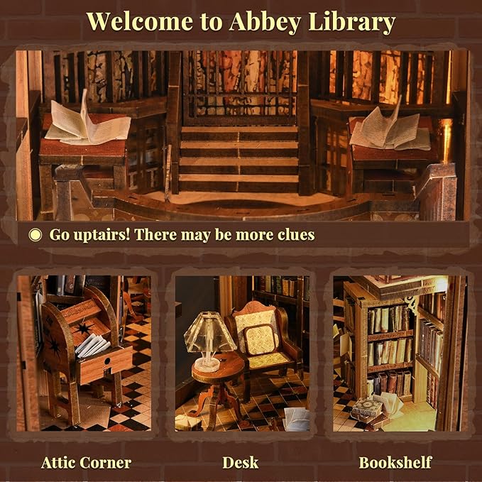 DIY Book Nook Kit - 3D Miniature Wooden Scene with LED Lights Dustcover &amp Tools for Shelf Decor (Abbey Library)