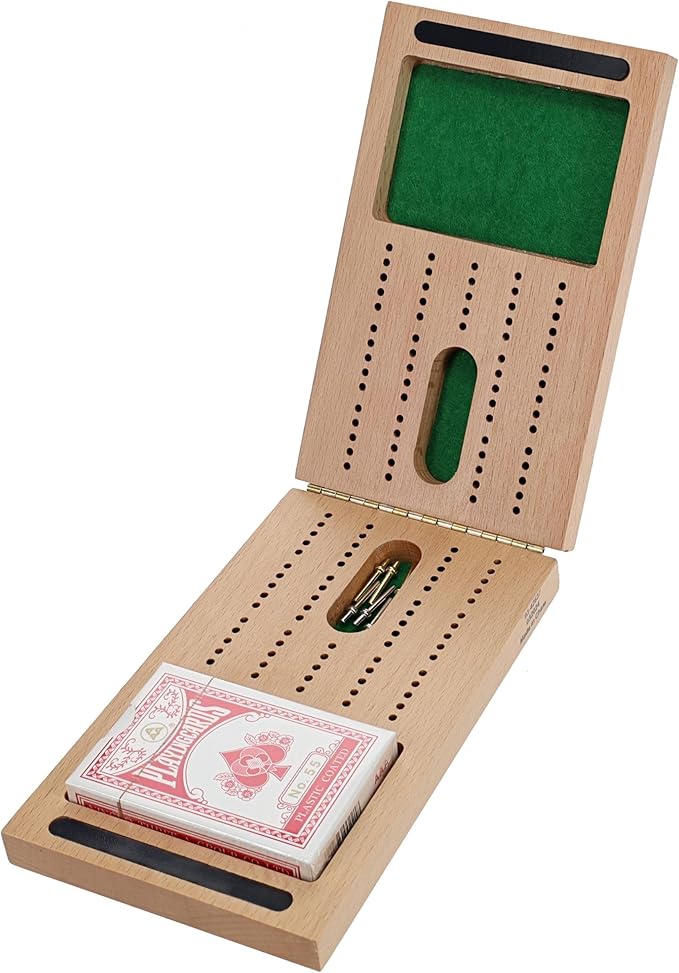 WE Games Solid Wood 2 Track Foldable Travel Cribbage Set with Storage Includes Cards &amp Metal Pegs Compact and Convenient for Travel Board Games for Adults 15 inches