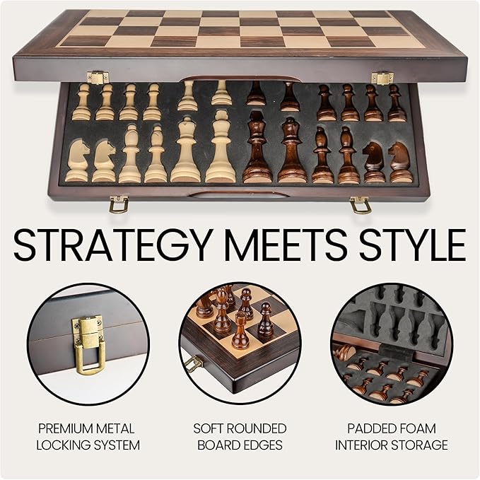 17 Magnetic Wooden Chess Set - Large Folding Portable Travel Chess Board - Hand Carved Pieces - Foam Storage Slots - 2 Extra Queens - Tournament and Beginner Play - Adults and Kids