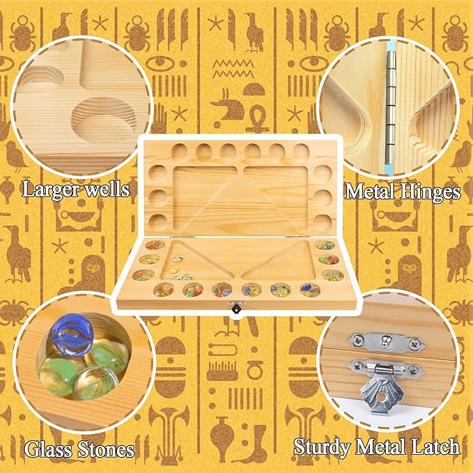 4 Players Mancala Board Game Solid Wood Folding Mancala Board with Multi-Color Glass Stones Mancala Family Travel Strategy Games Set with Game Instruction