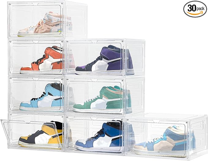Attelite 8 Pack Shoe Boxes Clear Plastic Stackable Upgrade Large Shoe Storage Organizer Containers with Magnetic Door for Display Sneaker Easy Assembly