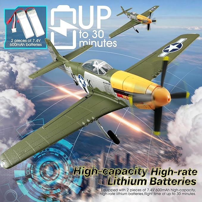 RC Plane 5 Channel P51D Mustang 510mm RC Airplane with 3D Aerobatic and 6-Axis Gyro 1406 Brushless 2.4GHz Radio RC Planes for Adult and Beginners with Spare Propeller (Regular Version- 1 Battery)