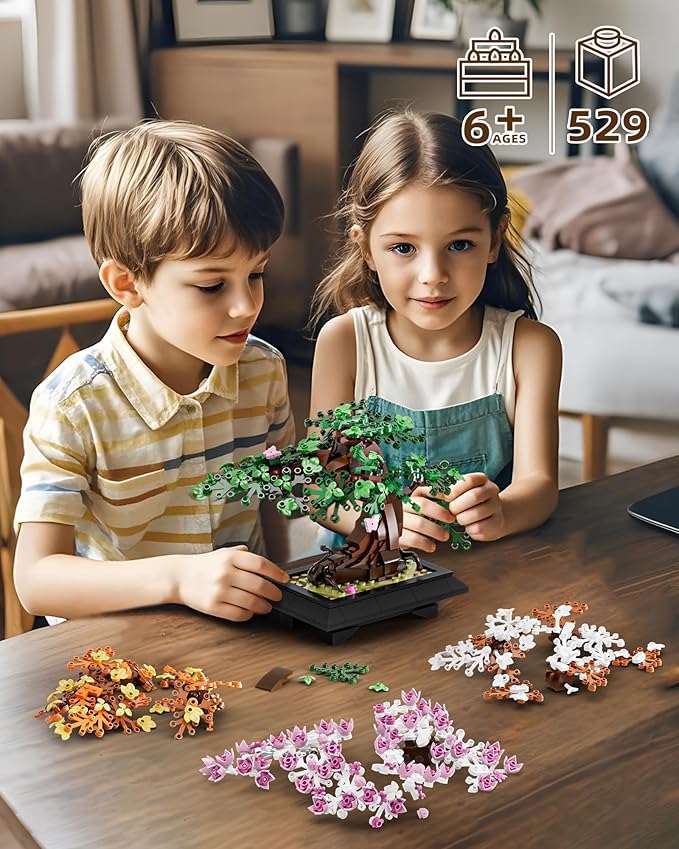 4 in 1 Bonsai Tree Building Set Four Season Cherry Bonsai Tree Building Kit Artificial Plant Decor for Home Desk Greenery Mother's Day Present Xmas Gifts for Adults Girls&ampBoys (529pcs)