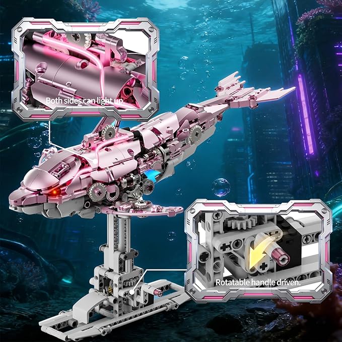 Mechanical Pink Dolphin Building Blocks Set with Hand-Crank &amp Motorized Movement Interactive Detailed Gear Design Display &amp Play Model Futuristic Ocean Animal Model