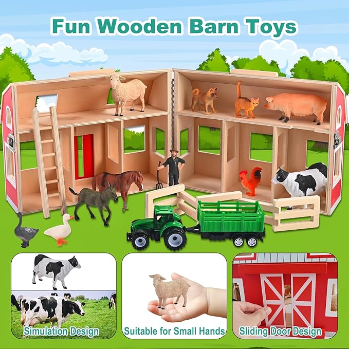Wooden Barn Toys Play Barn with 12 Animal Play Figures for 3+ Years Old Toy Barn and Farm AnimalsWooden Barn Playset for Christmas Birthday Gift for Boys Girls