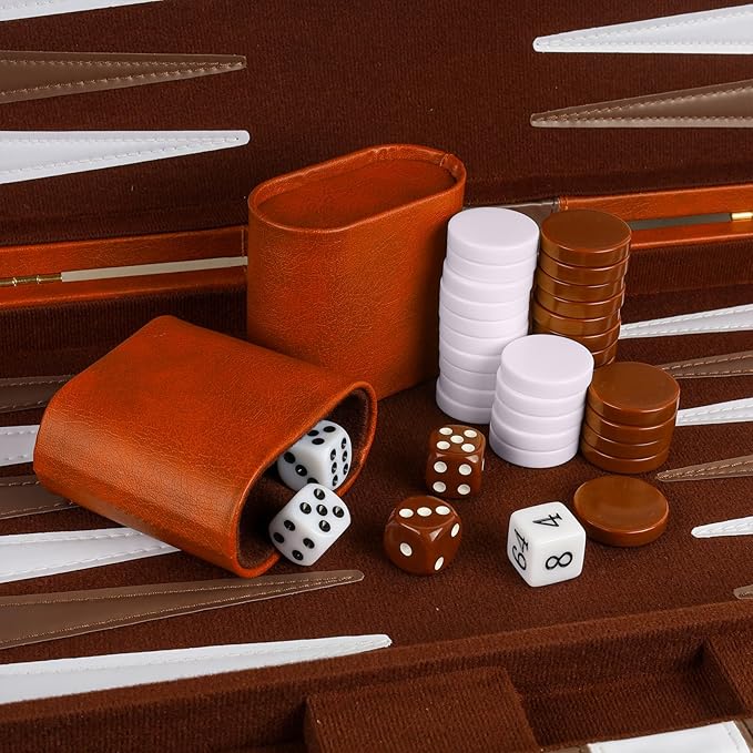 Backgammon Set 2 Players Classic Backgammon Sets for Adults Board Game with PU Leather Case Portable and Travel Backgammon Set (Brown 15inch)