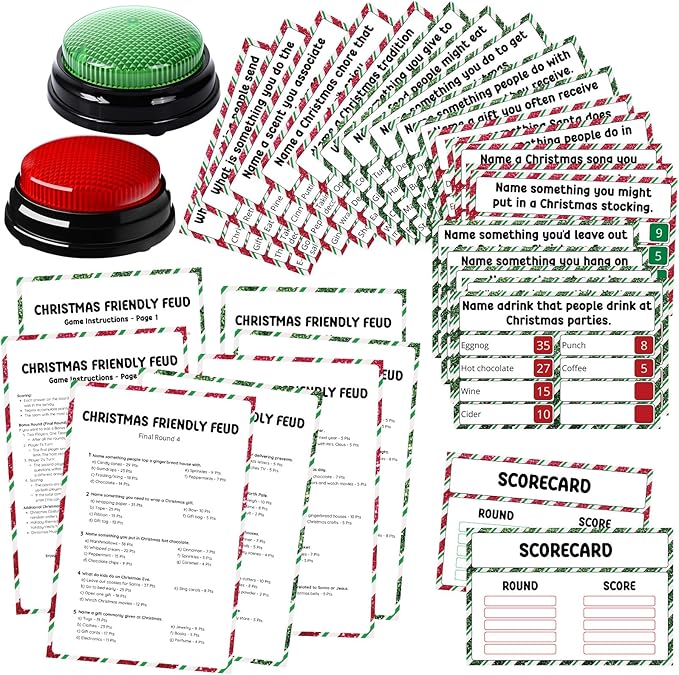 Christmas Friendly Feud Game with 2 Answer Buzzers Holiday Feud Cards for Family Game Night Fun Trivia Quiz for Xmas Party Office Class Groups Team Building