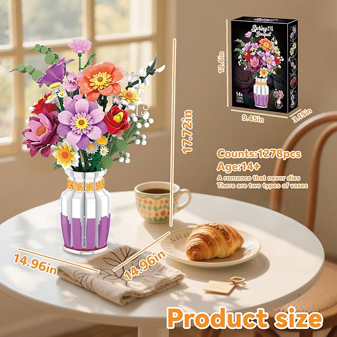 Flowers Bouquet Building Set Wildflower with Vase Compatible with Lego Botanical Collection for Adults Women Girls 14+ Home Office Decor
