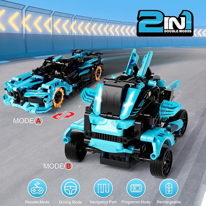 STEM Remote Control Car Building Kit Toys for Kids Age 8-12 with 2in1 STEM Robots Building Set Remote &amp APP Controlled Car/Robot RC Car Toy Set for Boys Girls 466 Pcs (Dark Cyan)